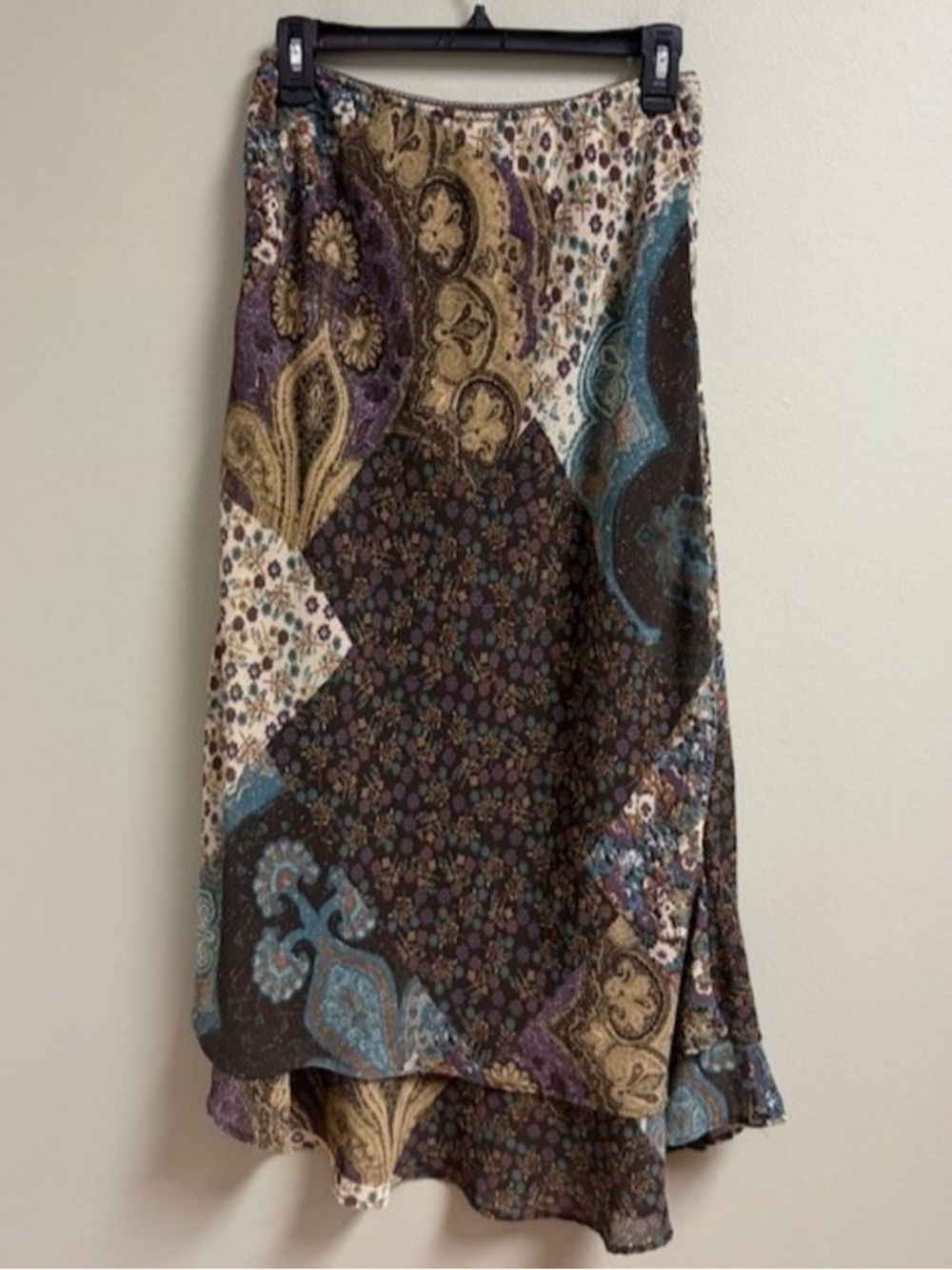 Bohemian Patchwork Midi Skirt in Brown and Teal